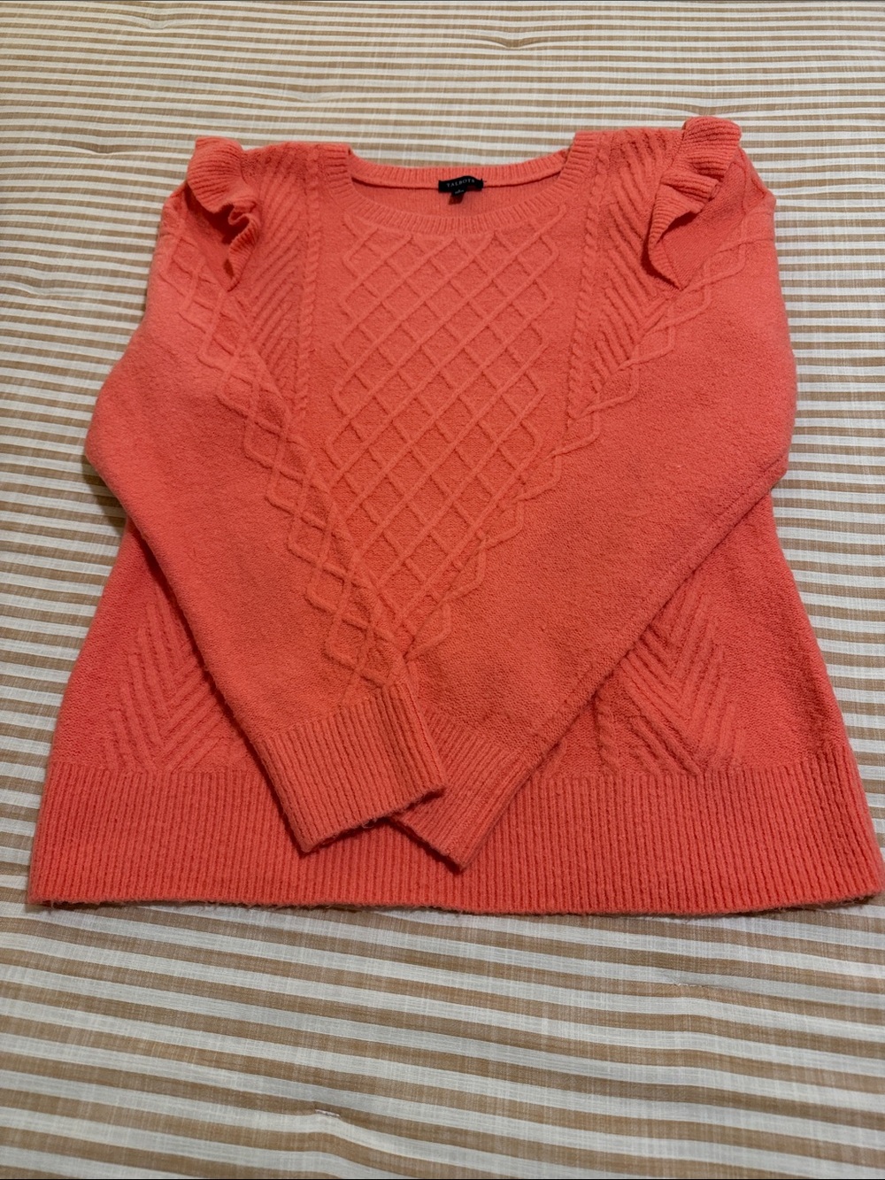 Talbots Coral Cable-Knit Sweater with Ruffle Shoulders